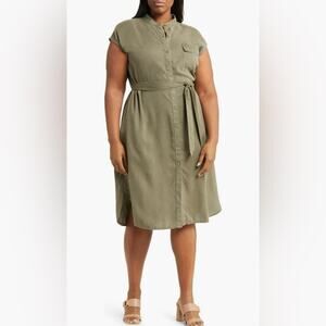 Caslon Cap Sleeve Button Front Tie Waist Utility Midi Dress Olive Green Size 3X